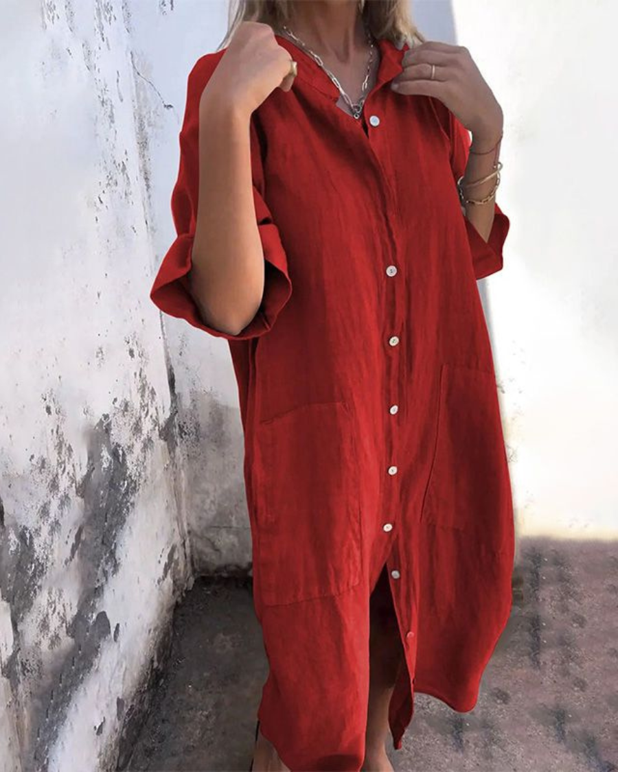 Lässiges Hemdblusenkleid mit Knopfleiste für Damen – Lockeres Leinenkleid mit Taschen & Oversize-Schnitt