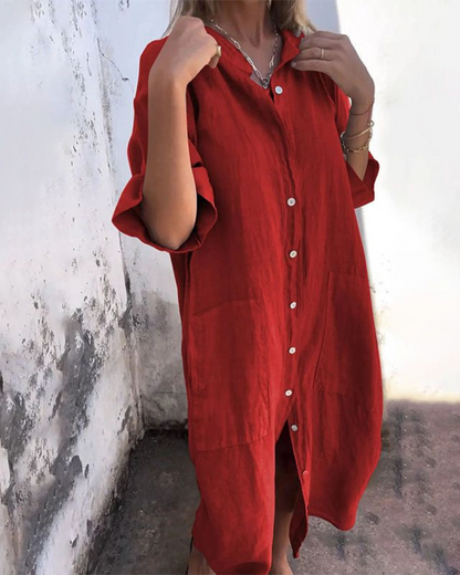 Lässiges Hemdblusenkleid mit Knopfleiste für Damen – Lockeres Leinenkleid mit Taschen & Oversize-Schnitt