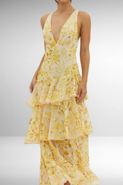 Fließendes Maxi Kleid mit Volants & tiefem V-Ausschnitt für Damen – Elegantes Sommerkleid mit Rücken-Detail