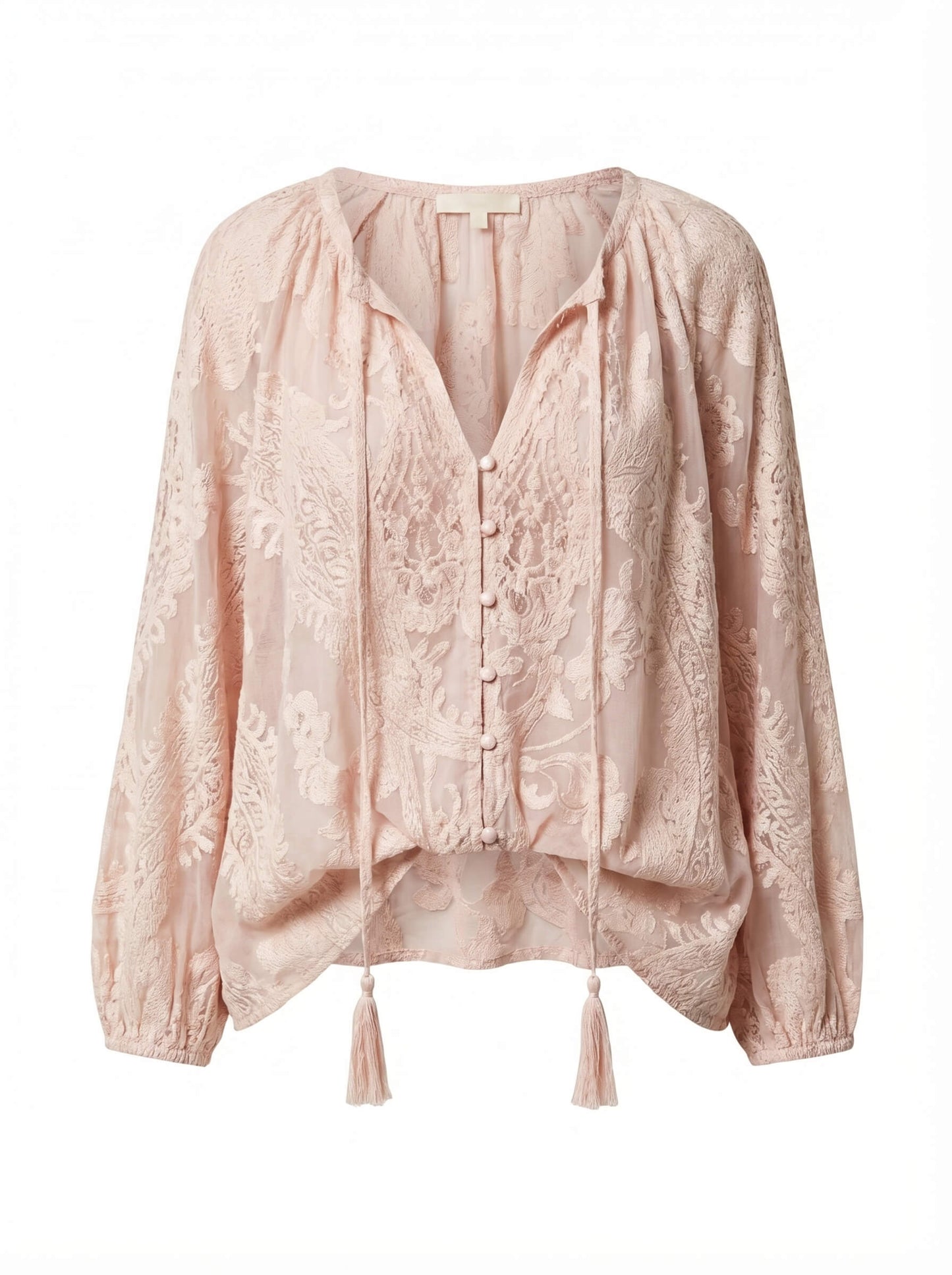 Boho Bluse mit Stickmuster für Damen – Luftige Langarmbluse mit V-Ausschnitt & Quasten