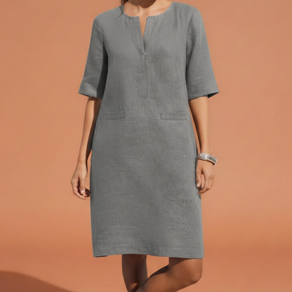 Schlichtes Leinenkleid für Damen – Lockeres Sommerkleid mit Halbarm & V-Ausschnitt