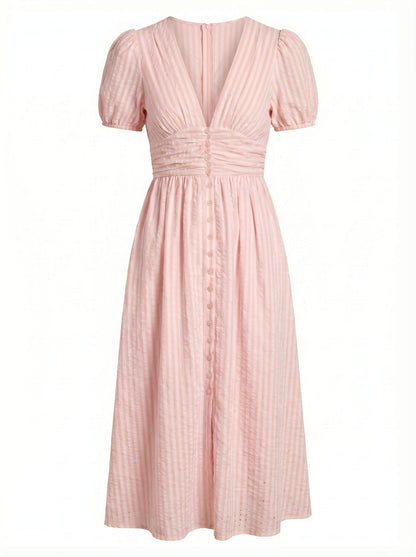 Elegantes Midi Kleid für Damen – Sommerkleid mit V-Ausschnitt, Puffärmeln & figurbetonter Taille