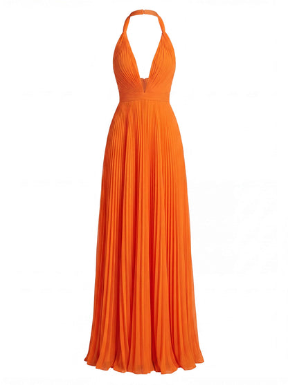 Elegantes Maxikleid für Damen – Plissiertes Abendkleid mit Neckholder & tiefem V-Ausschnitt