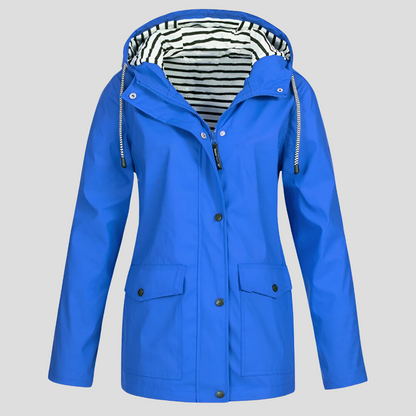 Camille - Wasserfeste Regenjacke mit Windschutz und horizontal gestreiftem Innenfutter in einfarbiger Außenfarbe, mit Taschen
