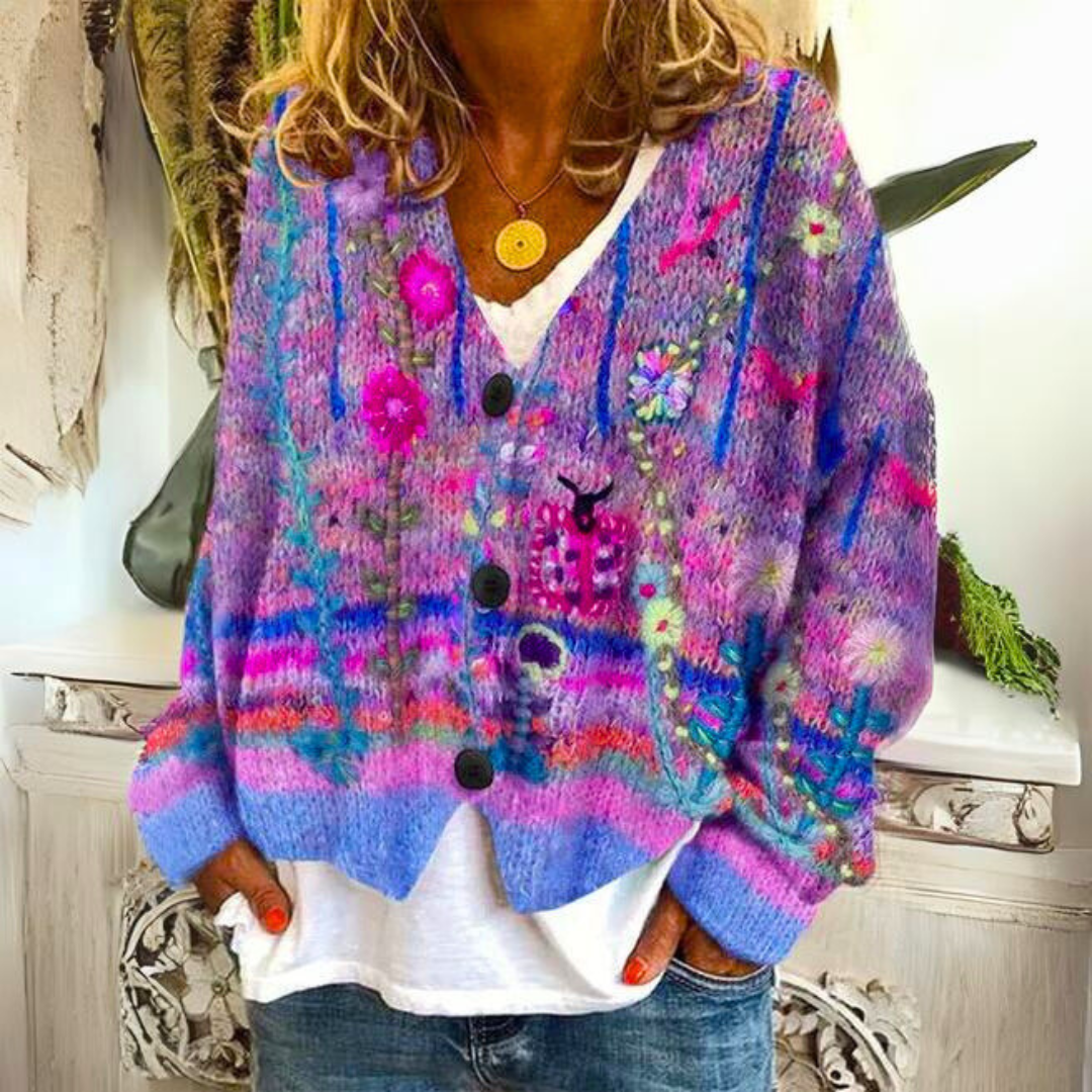 Boho Strickjacke Damen mit buntem Blumenmuster – Weiche V-Ausschnitt Cardigan für stilvolle Alltagslooks