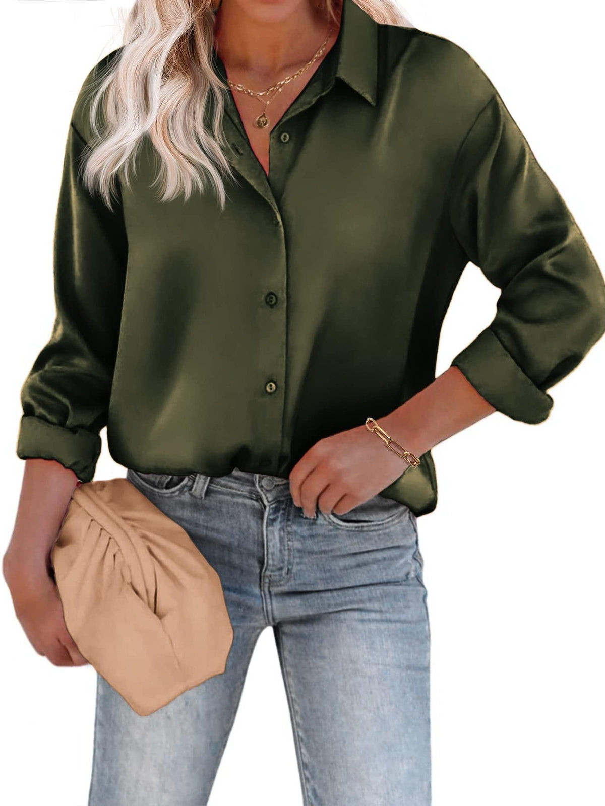 Amélina - Legere Bluse aus Farbensatin mit Knopfleiste und langen Ärmeln