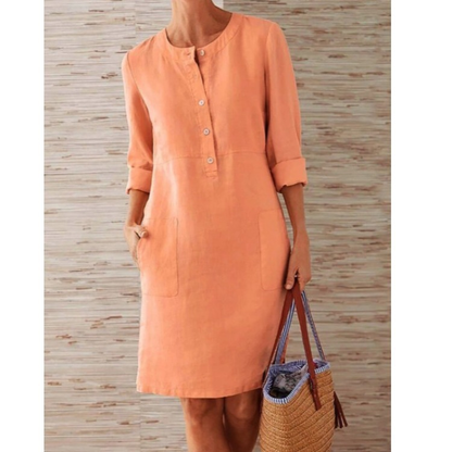 Knopfleisten-Midikleid für Damen – Lockeres Freizeitkleid mit Taschen & 3/4-Ärmeln