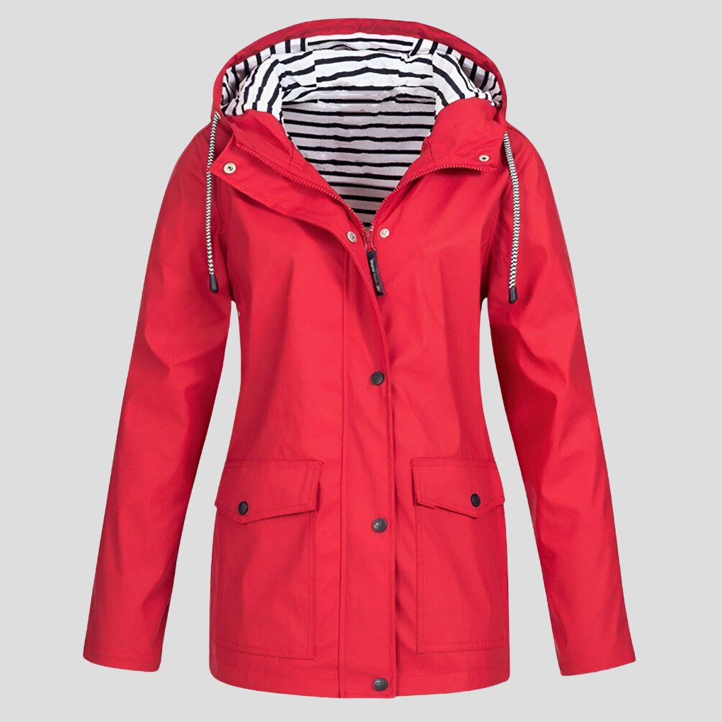 Camille - Wasserfeste Regenjacke mit Windschutz und horizontal gestreiftem Innenfutter in einfarbiger Außenfarbe, mit Taschen
