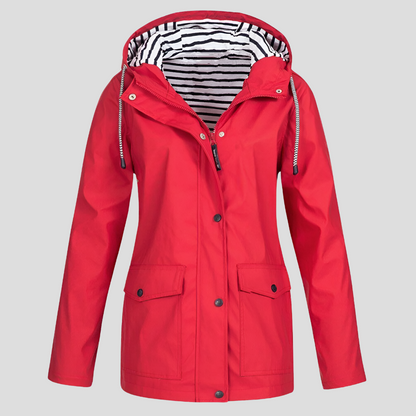 Camille - Wasserfeste Regenjacke mit Windschutz und horizontal gestreiftem Innenfutter in einfarbiger Außenfarbe, mit Taschen