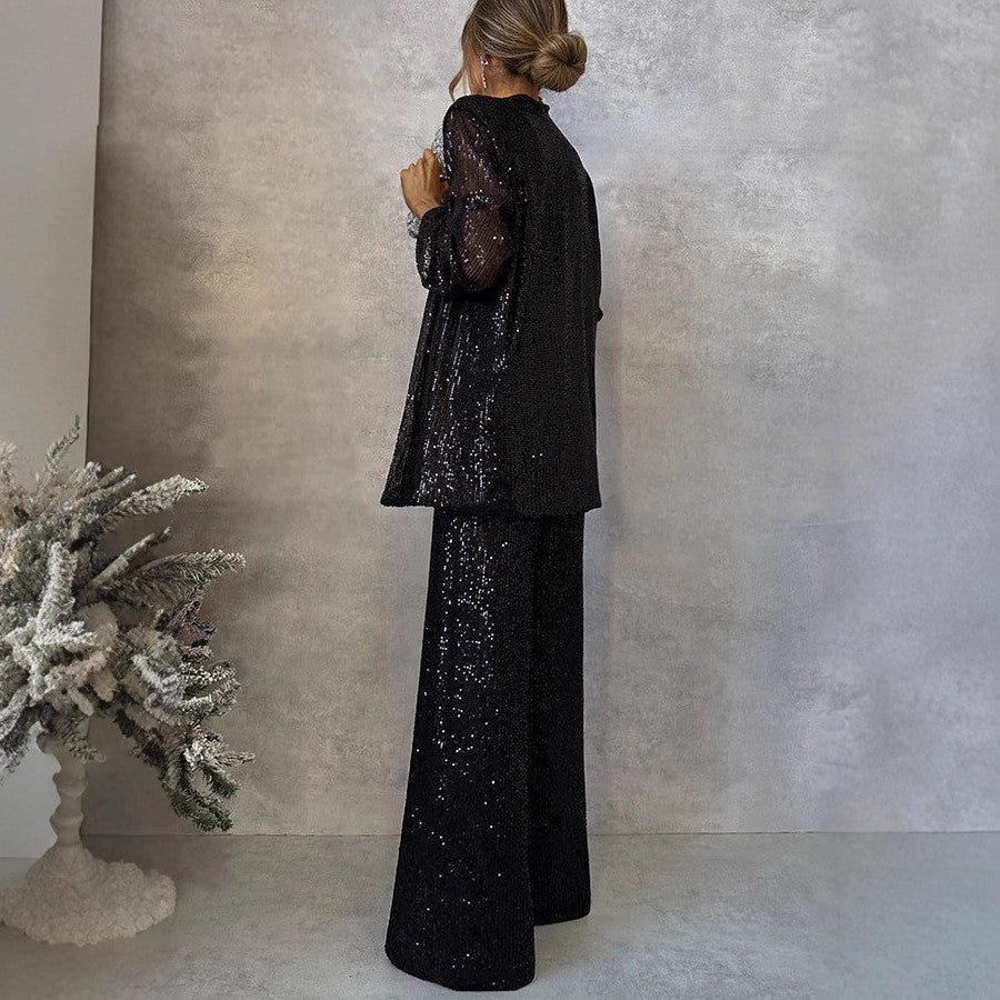 Glitzerndes Pailletten Set für Damen – Eleganter Zweiteiler mit weiter Hose