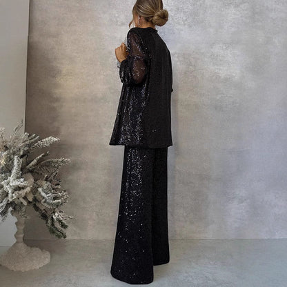 Glitzerndes Pailletten Set für Damen – Eleganter Zweiteiler mit weiter Hose