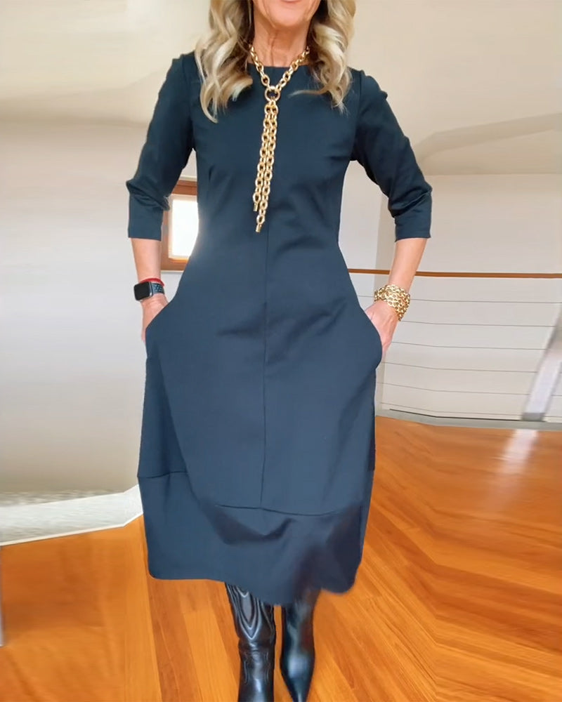 Claire - Elegantes und Bequemes Midi-Kleid mit Bootsausschnitt, 3/4-Ärmeln und Taschen