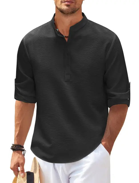 Leichtes Waffelstruktur Henley Shirt für Herren – Atmungsaktives Freizeitshirt mit Stehkragen