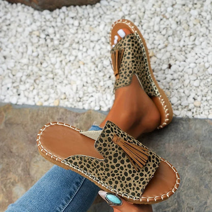 Boho Quasten Sandalen für Damen – Bequeme Sommer Pantoletten mit Ethno-Print