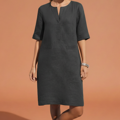 Schlichtes Leinenkleid für Damen – Lockeres Sommerkleid mit Halbarm & V-Ausschnitt
