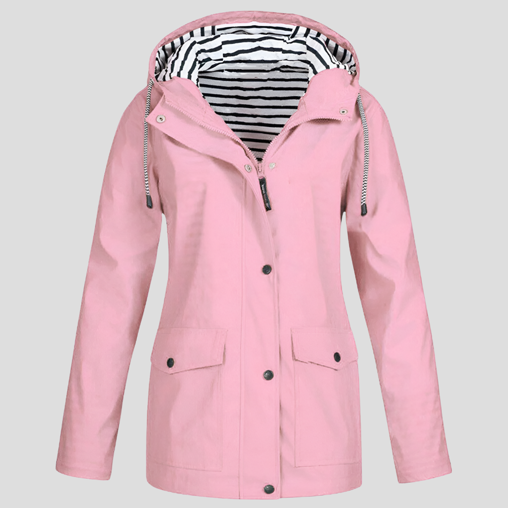 Camille - Wasserfeste Regenjacke mit Windschutz und horizontal gestreiftem Innenfutter in einfarbiger Außenfarbe, mit Taschen