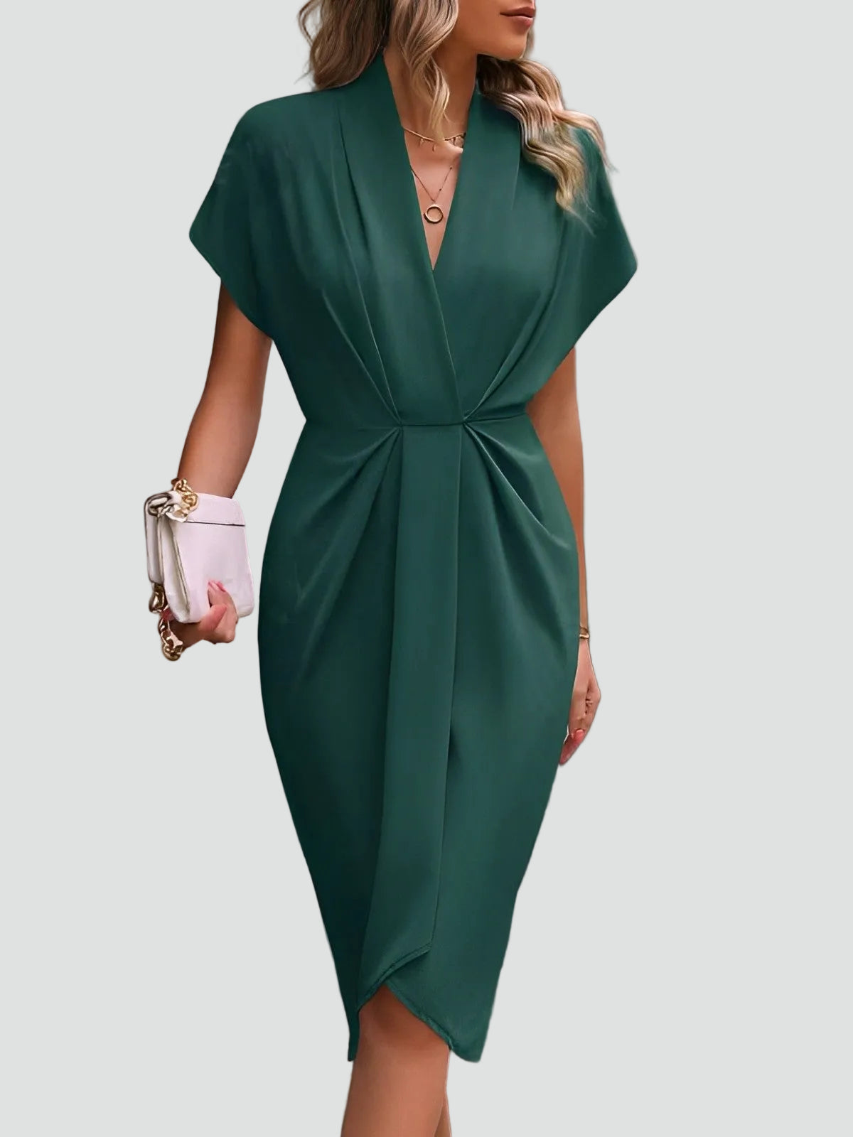 Figurbetontes Midikleid mit Drapierung – Elegantes V-Ausschnitt Kleid für Damen