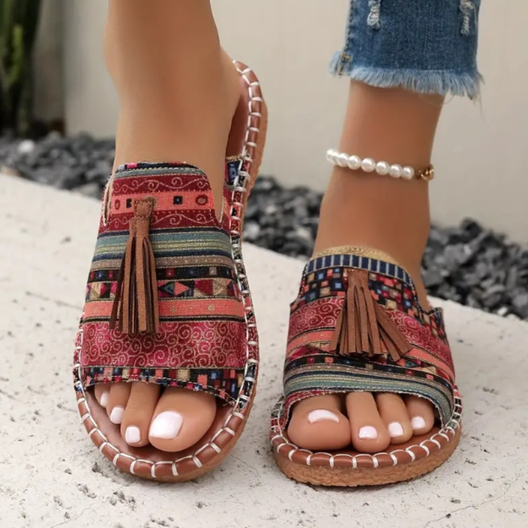 Boho Quasten Sandalen für Damen – Bequeme Sommer Pantoletten mit Ethno-Print