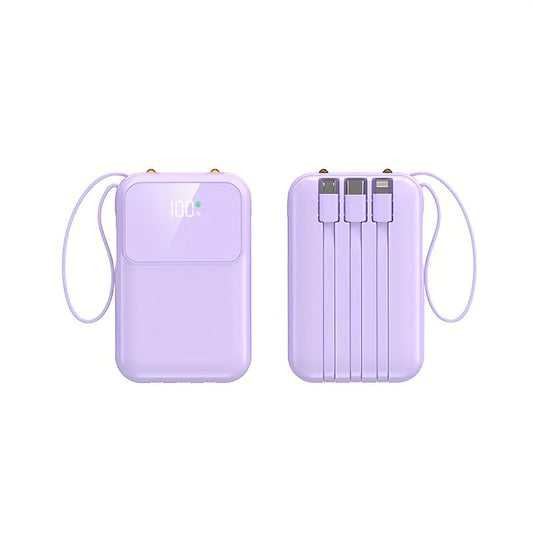 Kompakte 10000mAh Powerbank mit 4 integrierten Kabeln – Schnellladegerät mit Digitalanzeige