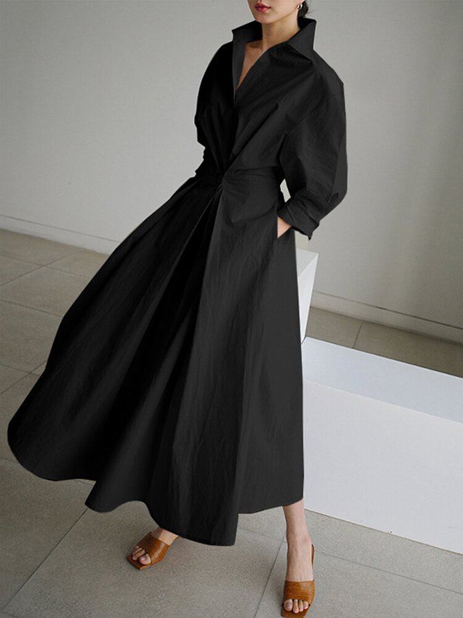 Elegantes Midi Hemdblusenkleid für Damen mit Taillierung und fließendem Schnitt