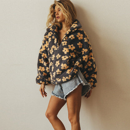 Noély - Teddy-Pullover mit floralem Print für Damen, weich, Frühling, mit Reißverschlusskragen und Taschen