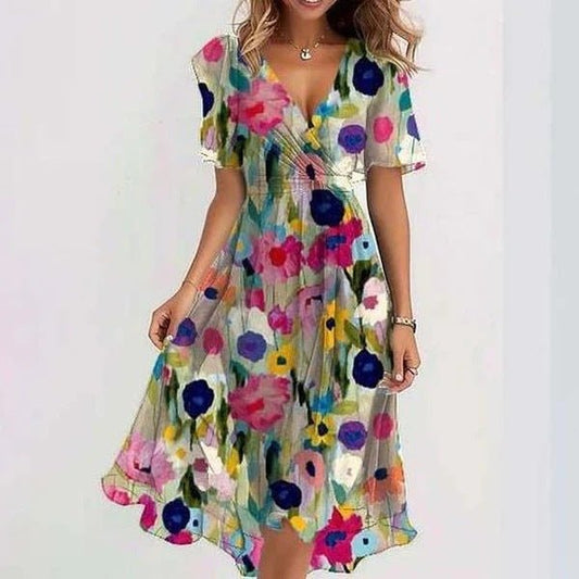 Fleurine - Midi Kleid aus Blumen-Mousseline | Volantärmel | Leichter Stoff | Bohemian Sommerstil