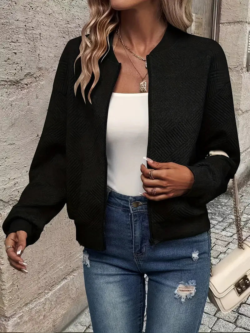 Leichte Damen Bomberjacke mit Strukturmuster & Reißverschluss – Stylische Übergangsjacke