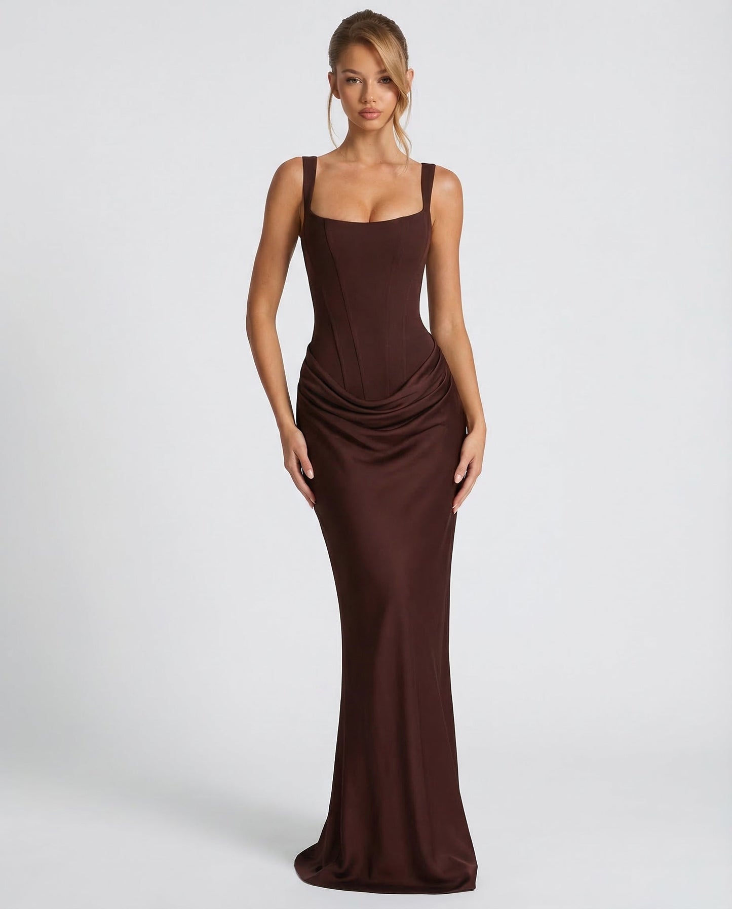 Elegantes Corsagenkleid mit eckigem Ausschnitt für Damen – Figurbetontes Maxikleid mit Satin-Finish & Schnürdetail