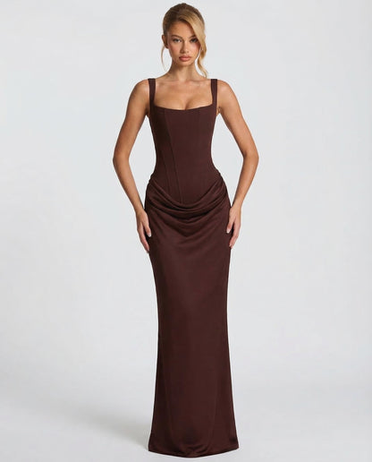 Elegantes Corsagenkleid mit eckigem Ausschnitt für Damen – Figurbetontes Maxikleid mit Satin-Finish & Schnürdetail