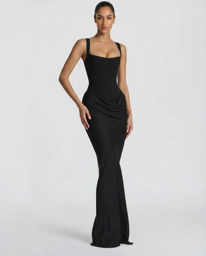 Elegantes Corsagenkleid mit eckigem Ausschnitt für Damen – Figurbetontes Maxikleid mit Satin-Finish & Schnürdetail