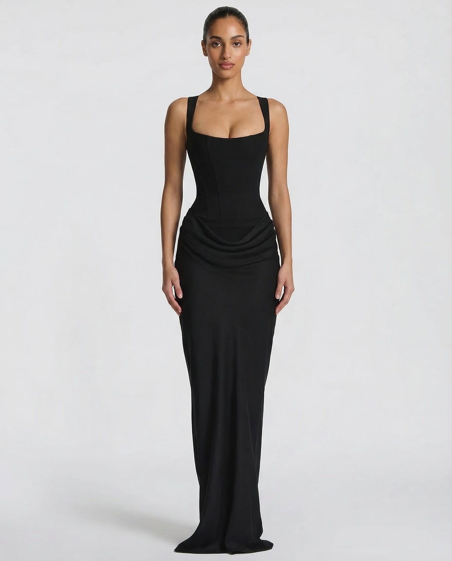 Elegantes Corsagenkleid mit eckigem Ausschnitt für Damen – Figurbetontes Maxikleid mit Satin-Finish & Schnürdetail