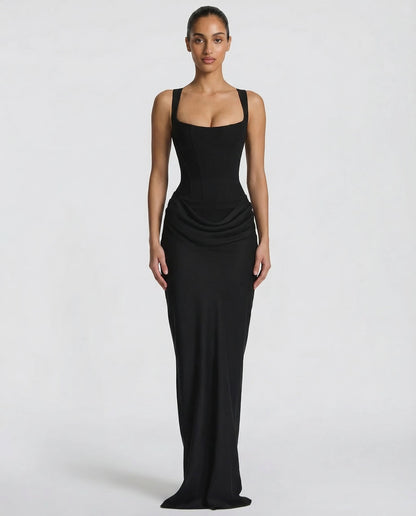 Elegantes Corsagenkleid mit eckigem Ausschnitt für Damen – Figurbetontes Maxikleid mit Satin-Finish & Schnürdetail