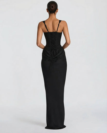 Elegantes Corsagenkleid mit eckigem Ausschnitt für Damen – Figurbetontes Maxikleid mit Satin-Finish & Schnürdetail