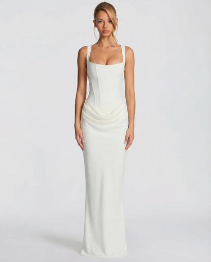 Elegantes Corsagenkleid mit eckigem Ausschnitt für Damen – Figurbetontes Maxikleid mit Satin-Finish & Schnürdetail