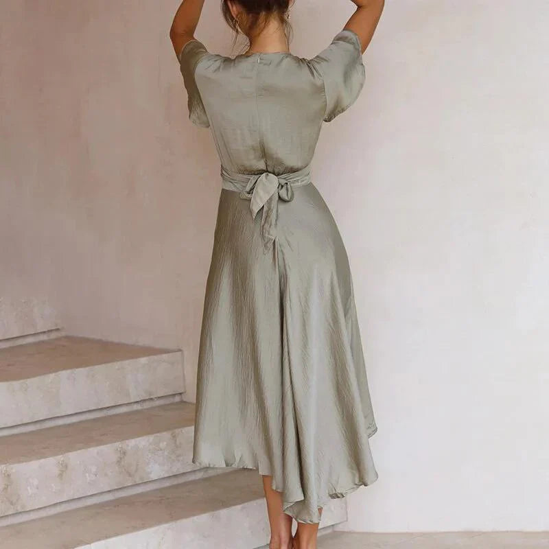 Midi-Wickelkleid mit Taillengürtel für Damen – Sommerkleid mit Volantärmeln & Fließendem Schnitt