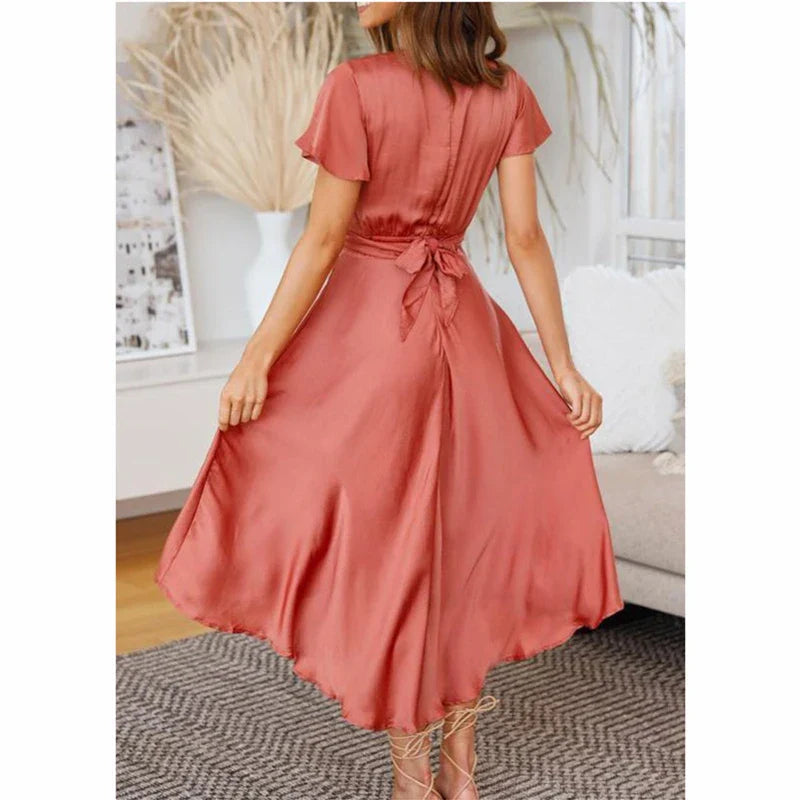 Midi-Wickelkleid mit Taillengürtel für Damen – Sommerkleid mit Volantärmeln & Fließendem Schnitt
