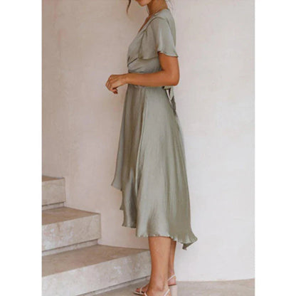 Midi-Wickelkleid mit Taillengürtel für Damen – Sommerkleid mit Volantärmeln & Fließendem Schnitt