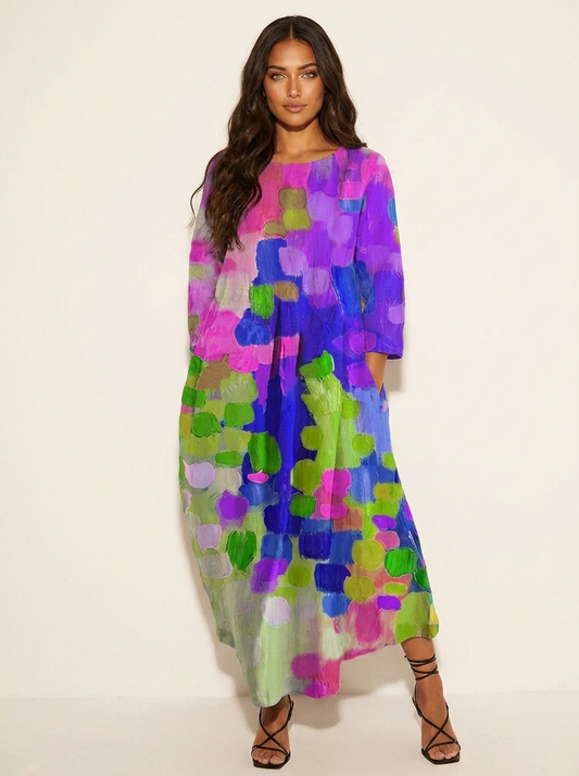 Farbenfrohes Midi Kleid mit abstraktem Print für Damen – Lockeres Freizeitkleid für Sommer & Urlaub