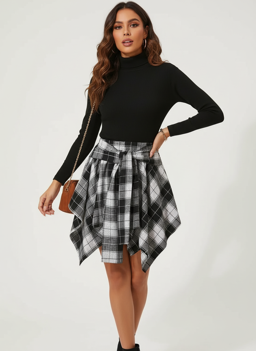 Karierter Minirock mit Bindegürtel für Damen – Asymmetrischer Rock für Freizeit & Herbst Looks