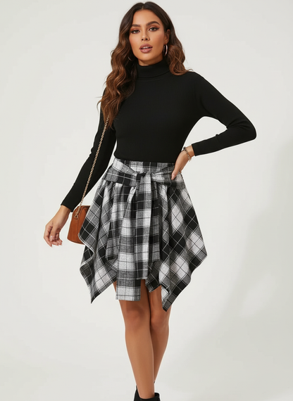 Karierter Minirock mit Bindegürtel für Damen – Asymmetrischer Rock für Freizeit & Herbst Looks