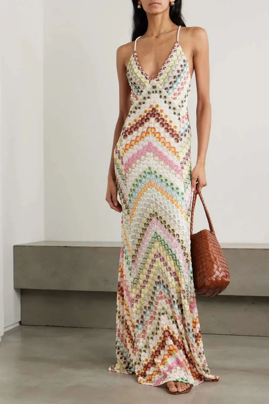 Méline - Maxikleid im Boho-Stil, inspiriert von Häkelarbeit, für Frühling und Sommer, mit feinen Spaghettiträgern und V-Ausschnitt