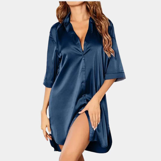 Elegantes Satin Hemdblusenkleid mit Knopfleiste & Lockerer Passform für Damen