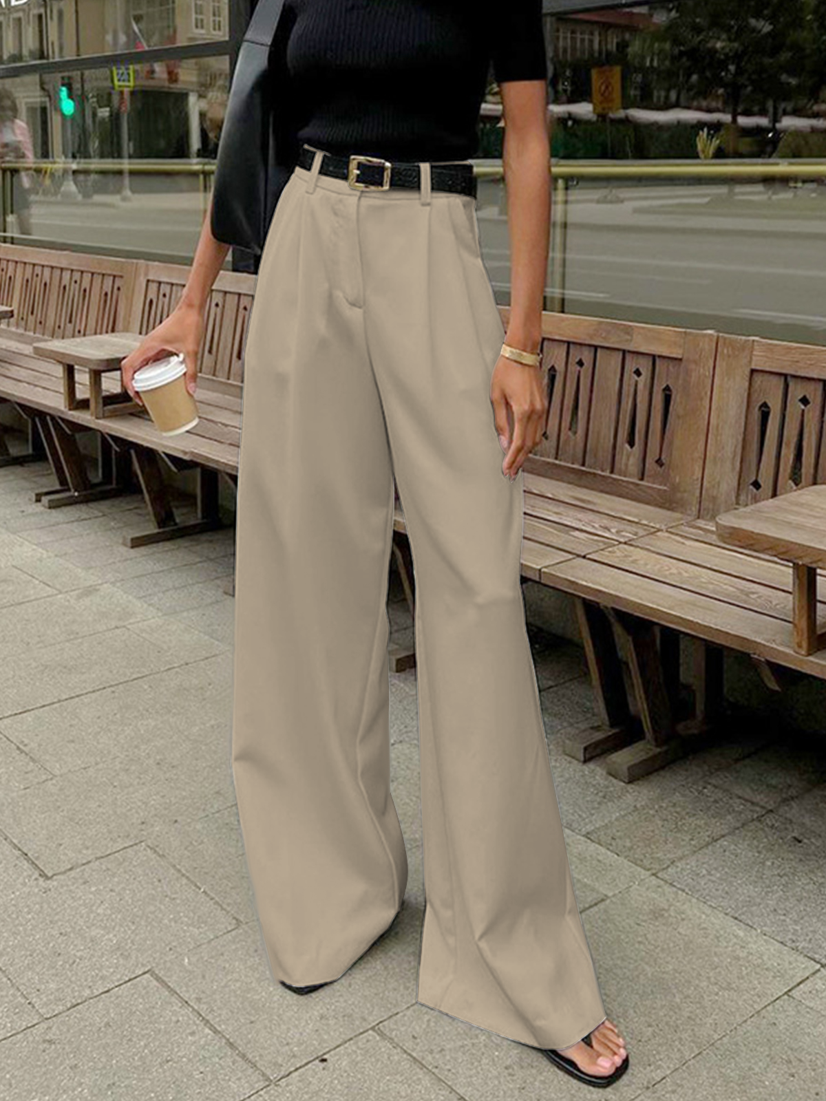 Elegante High-Waist Stoffhose für Damen – Weite Anzughose mit geradem Bein