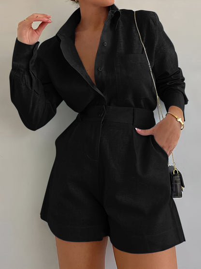 Eleganter Leinen-Overall mit Hemdkragen für Damen – Lockerer Kurzarm Jumpsuit mit High-Waist Shorts