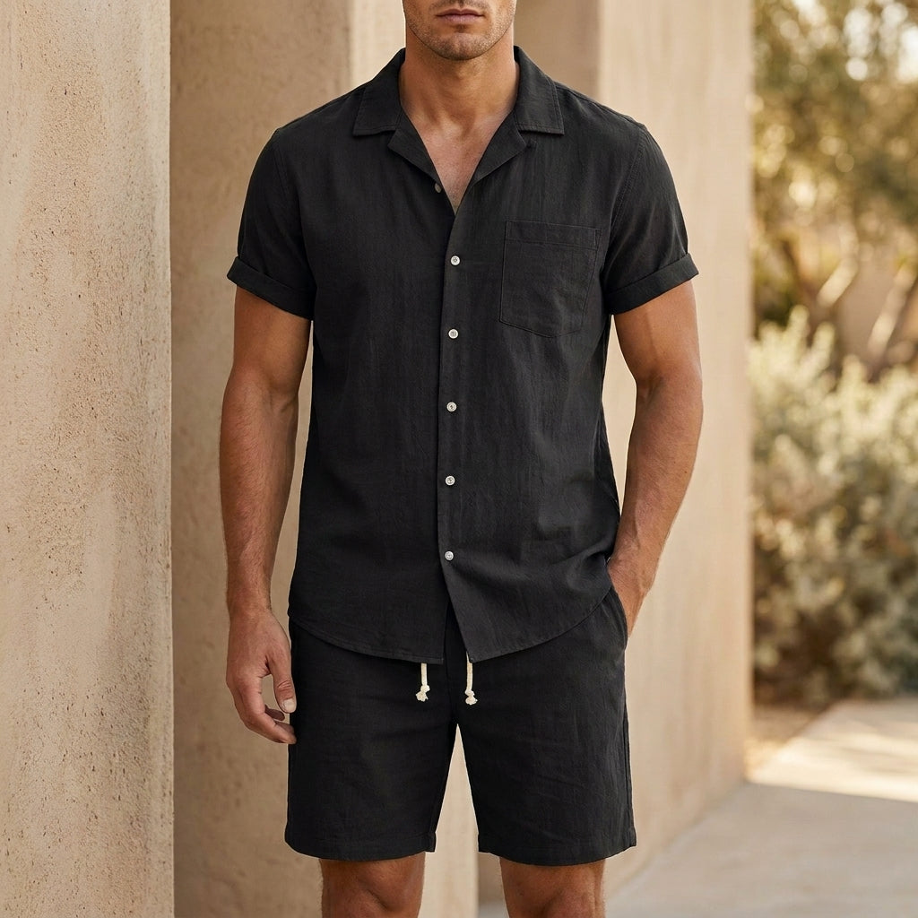 Lässiges Leinen Set mit Kurzarmhemd und Shorts für Herren – Atmungsaktives Sommer Outfit Zweiteilig