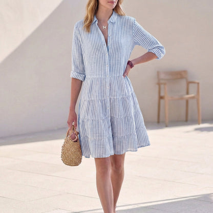 Gestreiftes Hemdblusenkleid für Damen – Leichtes Sommerkleid mit Knopfleiste & Volantrock
