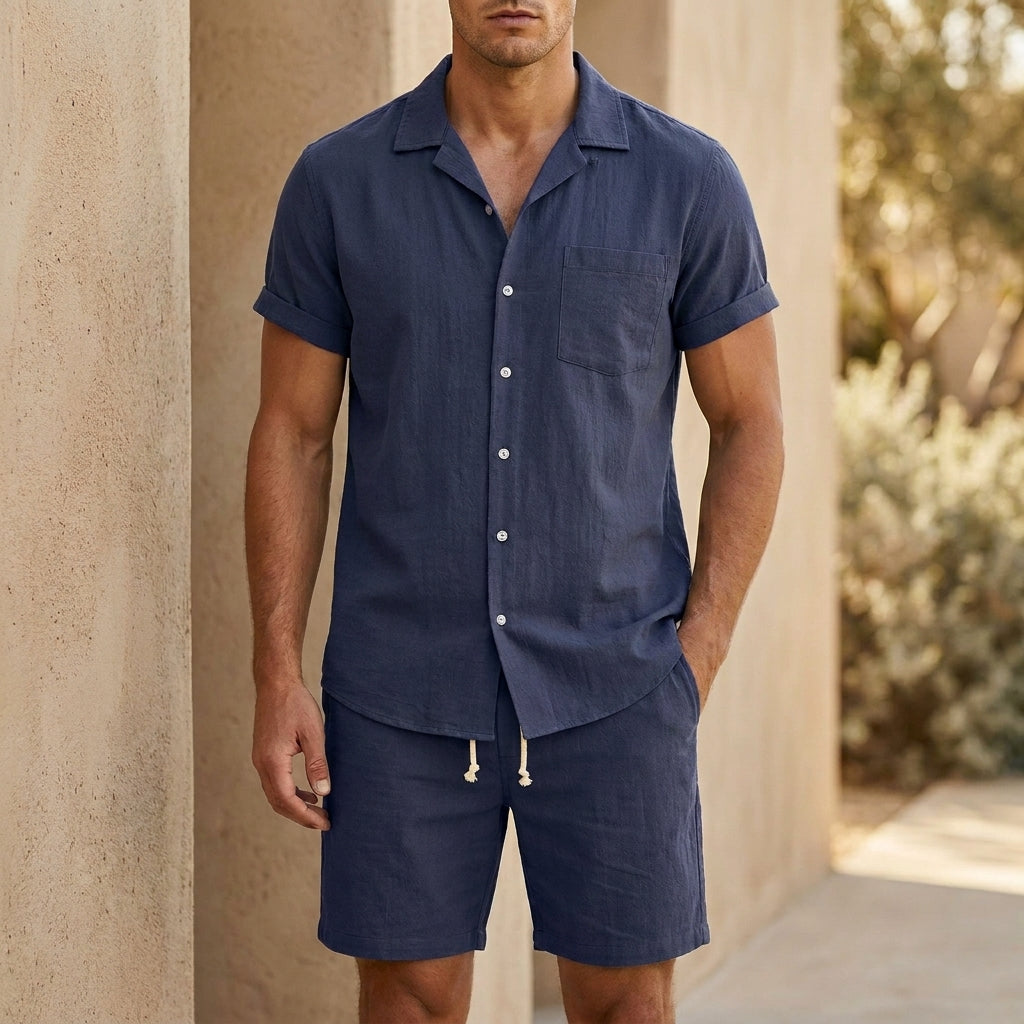 Lässiges Leinen Set mit Kurzarmhemd und Shorts für Herren – Atmungsaktives Sommer Outfit Zweiteilig