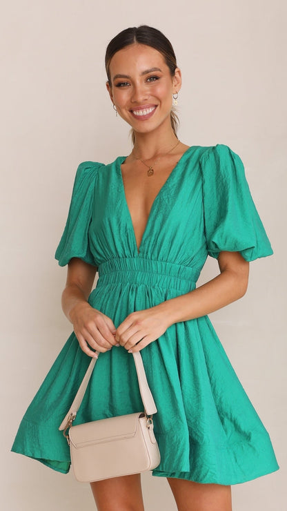 Tief ausgeschnittenes Minikleid für Damen – Elegantes Sommerkleid mit Puffärmeln & Taillierter Passform