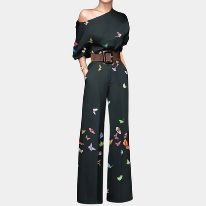 Elowen - Elegante Frühlingskombination mit schulterfreien Trägern und Motiven von Schmetterlingen, Blumen und Pflanzen, 3/4-Ärmeln