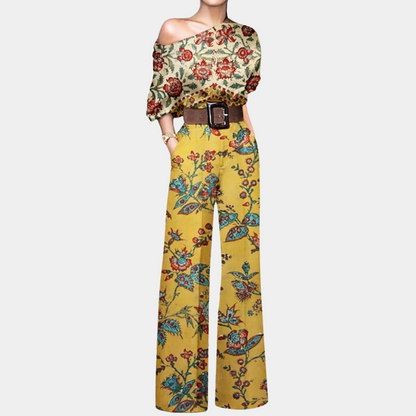 Elowen - Elegante Frühlingskombination mit schulterfreien Trägern und Motiven von Schmetterlingen, Blumen und Pflanzen, 3/4-Ärmeln